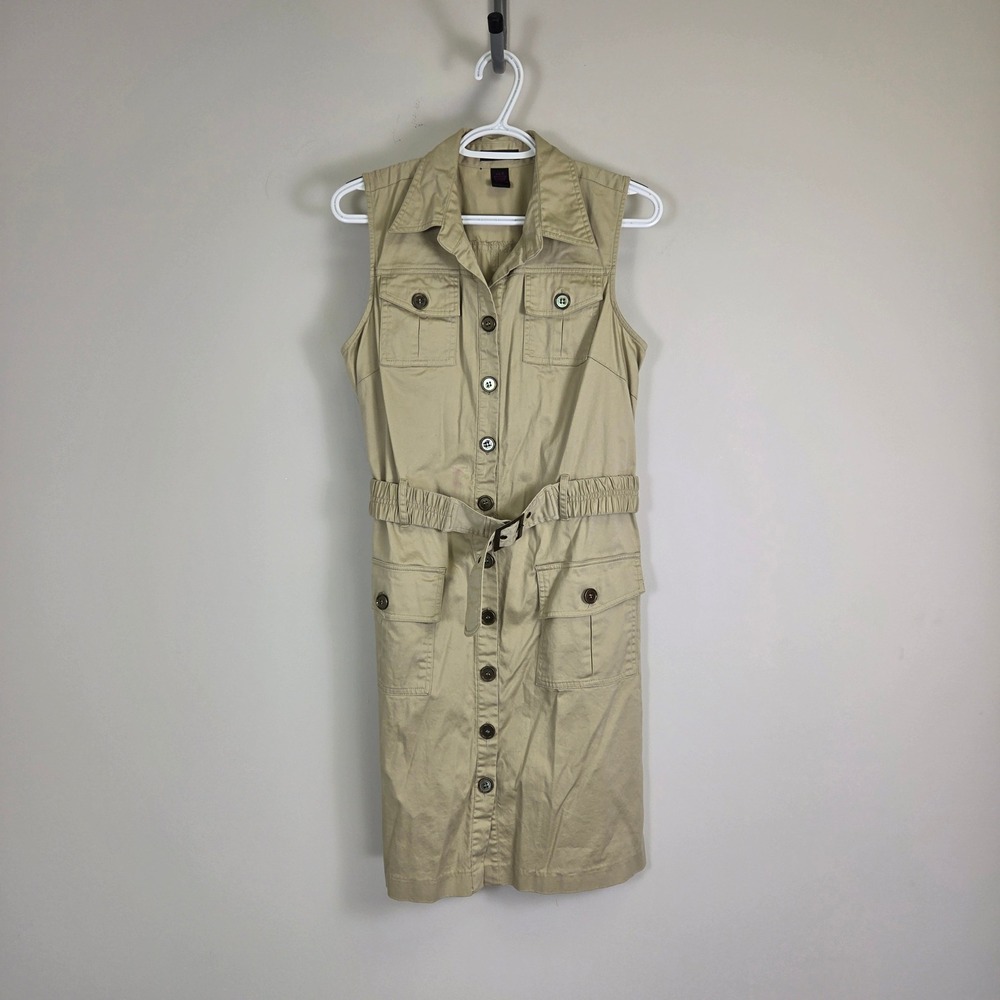 Sara Isabella Khaki Tan Safari Utility Shirt Dress Belted Sleeveless Size 8